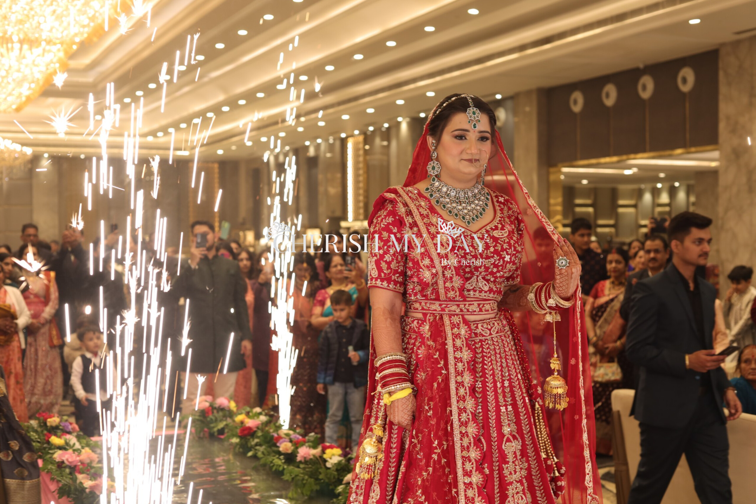 Grand wedding entrance with bride and spectacular fireworks